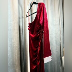 Elegant Red one sleeve Long-Sleeve Velvet Dress